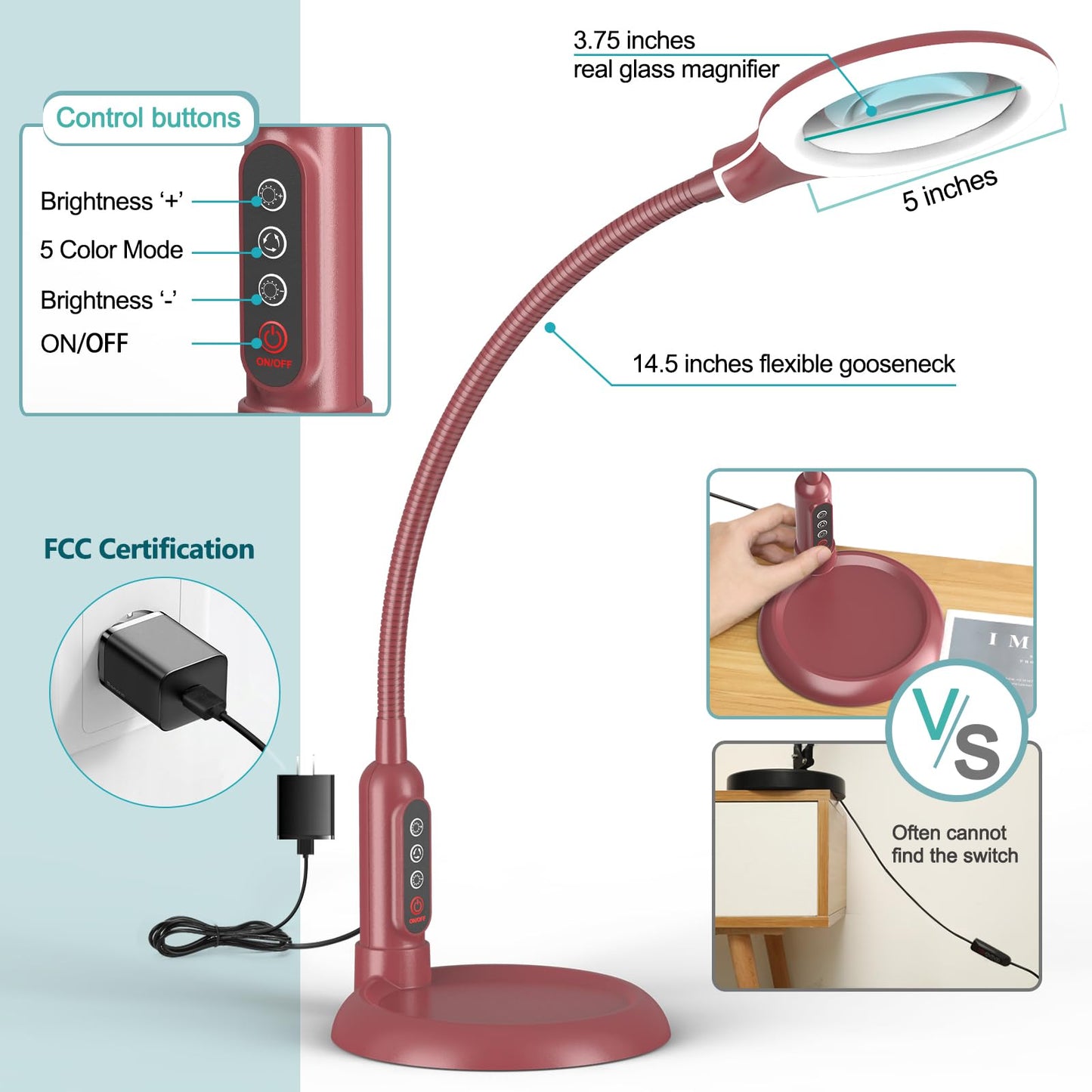 TOMSOO 10X Magnifying Glass with Light, 5 Color Modes, Aluminum Clamp Stand, Flexible Gooseneck, Red, Model RKB41GTM