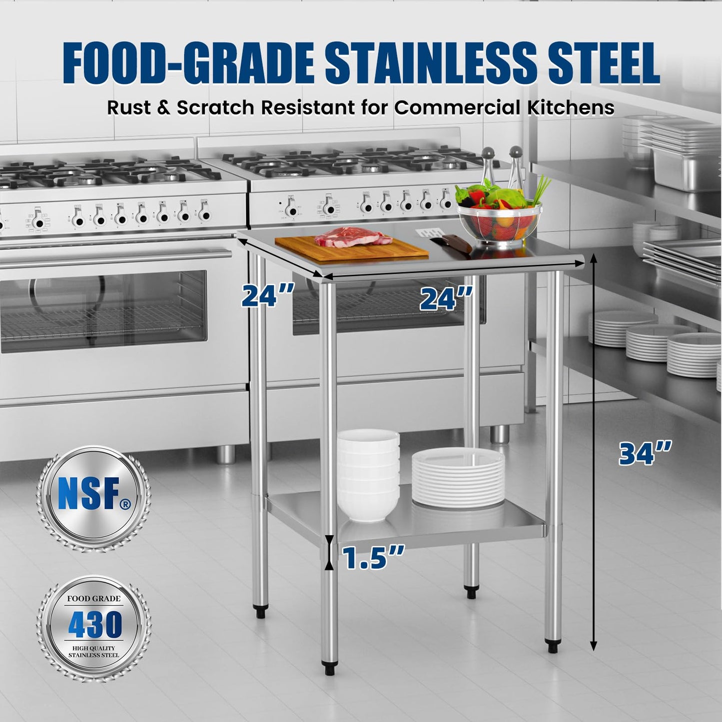 Stainless Steel Work Table 24 x 24 Inch with Adjustable Undershelf, Heavy-Duty Metal Prep Table for Commercial Kitchen & Restaurant, Garage, Outdoor
