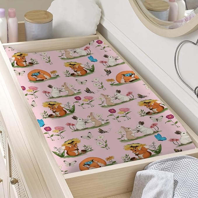 Cute Animals Spring Flowers Baby Changing Pad Covers Boy Girl 32''x16'' Bunny Fox Squirrel Butterflies Floral Fitted Diaper Change Table Mats Forest Soft Breathable Nursery Changing Table Sheets Pink