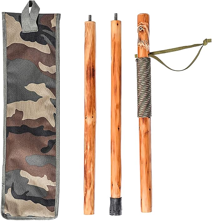 FOREST PILOT 3pc Detachable Fir Wood Walking Stick for Hiking with Compass 55 Inches - with Animal Carving - Soft Hand Str...