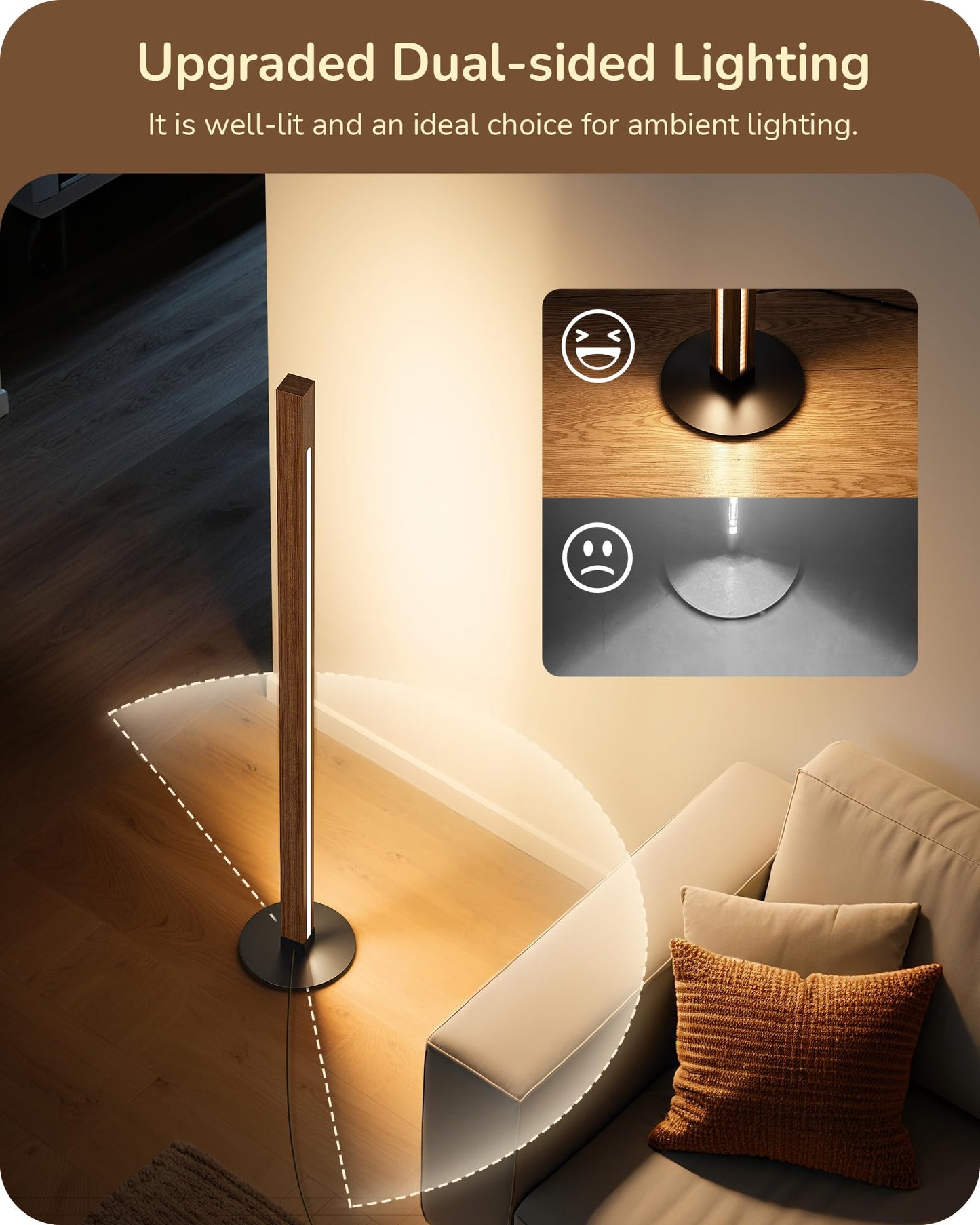 EDISHINE Wood Floor Lamp, Dual-Sided Lighting, Dimmable, Remote/Foot Control, Walnut, Model HLFL12A, Light Brown