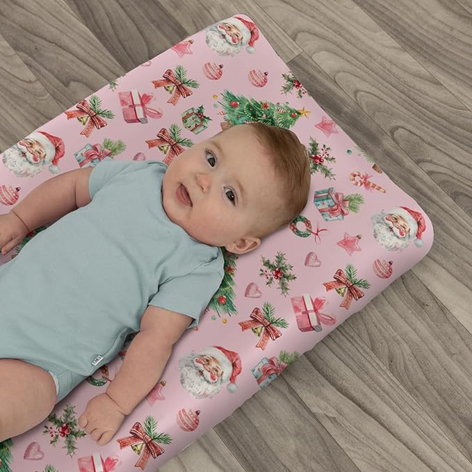 Pink Santa Christmas Trees Baby Changing Pad Covers for Boy Girl Santa Gifts Pine Fir Leaves Candy Love Fitted Changing Table Mats Winter Holiday Festive Soft Diaper Change Table Sheets 32''×16''