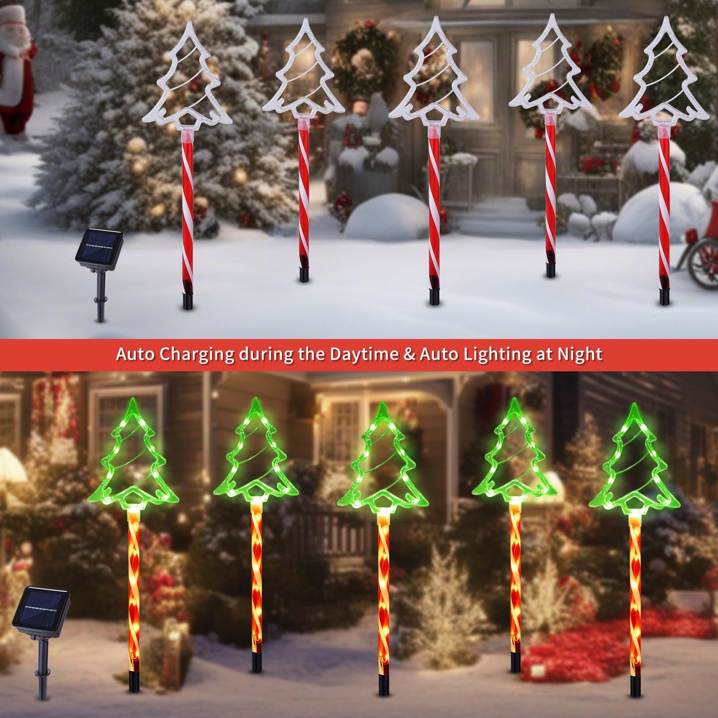 Christmas Solar Pathway Lights Outdoor Decorations  8 Modes Xmas Tree Candy Lights Waterproof Led Garden Stake Light For Walkway Yard Lawn Porch Holiday Decor 10-Pack (Red Tube Tree  10 Pack)