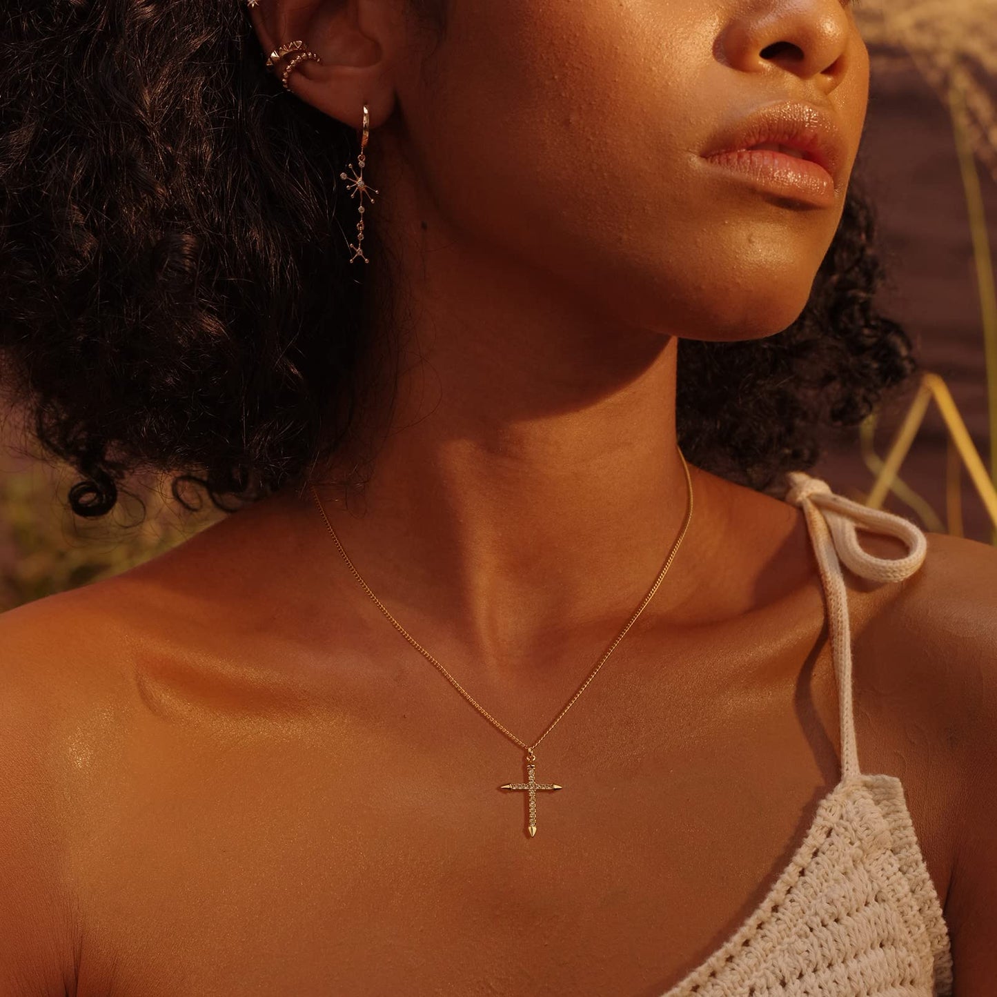 14K Gold Plated Cross Necklace, Cross Faith Arrow Pendant Dainty Chain Simple Tiny Zircon Jewelry Gift for Women