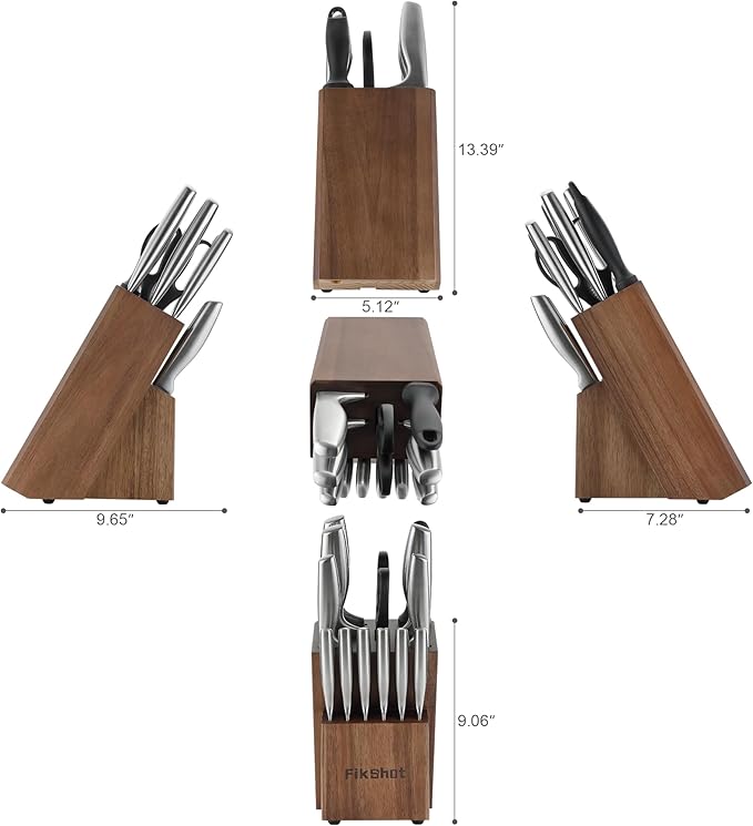 Knife Block Set, Kitchen Knife Sets with Block, FIKSHOT Knives Set - Razor-Sharp Santoku Knives, Fruit and Kitchen Sets - Rust Resistant for Homecooks (Silver + Walnut)