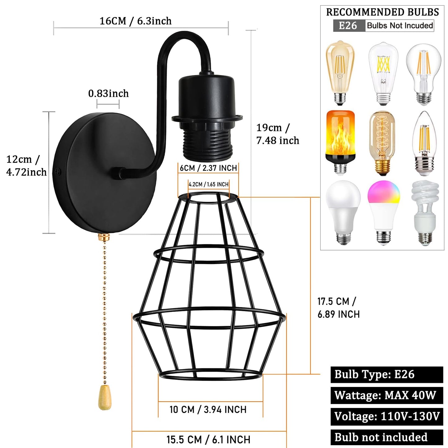 Dtiedy Wire Cage Wall Sconce With Pull Chain 2Pack  Hardwire Wall Lights With On Off Switch  Metal Wall Mount Light Fixture Indoor E26 Vintage Black Wall Lighting For Living Room  Bedroom