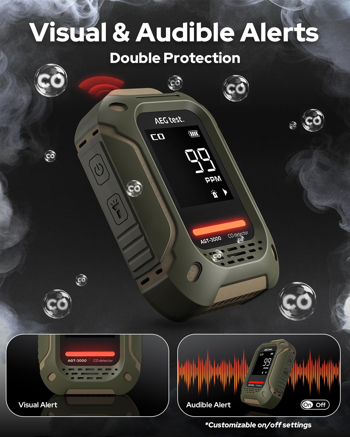AEGTEST AGT-3000 Portable Carbon Monoxide Detector, 240H Standby, Upgraded CO Sensor for Travel, Rechargeable CO Detector with Audible & Visual Alerts, CO Meter for Camping, 0-1000ppm
