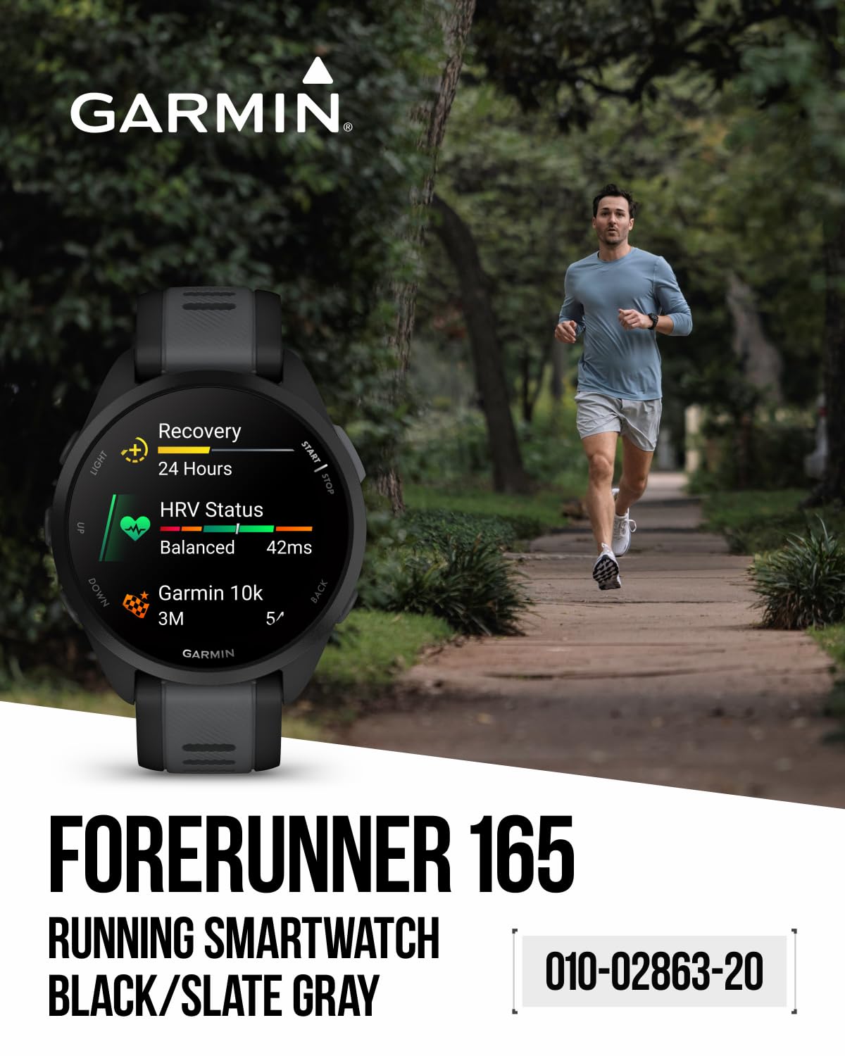 Wearable4U - Garmin Forerunner 165 Running Smartwatch, Colorful AMOLED Touchscreen, Training Metrics and Recovery Insights Includes PowerPack, Adapters Bundle, Black/Slate Gray