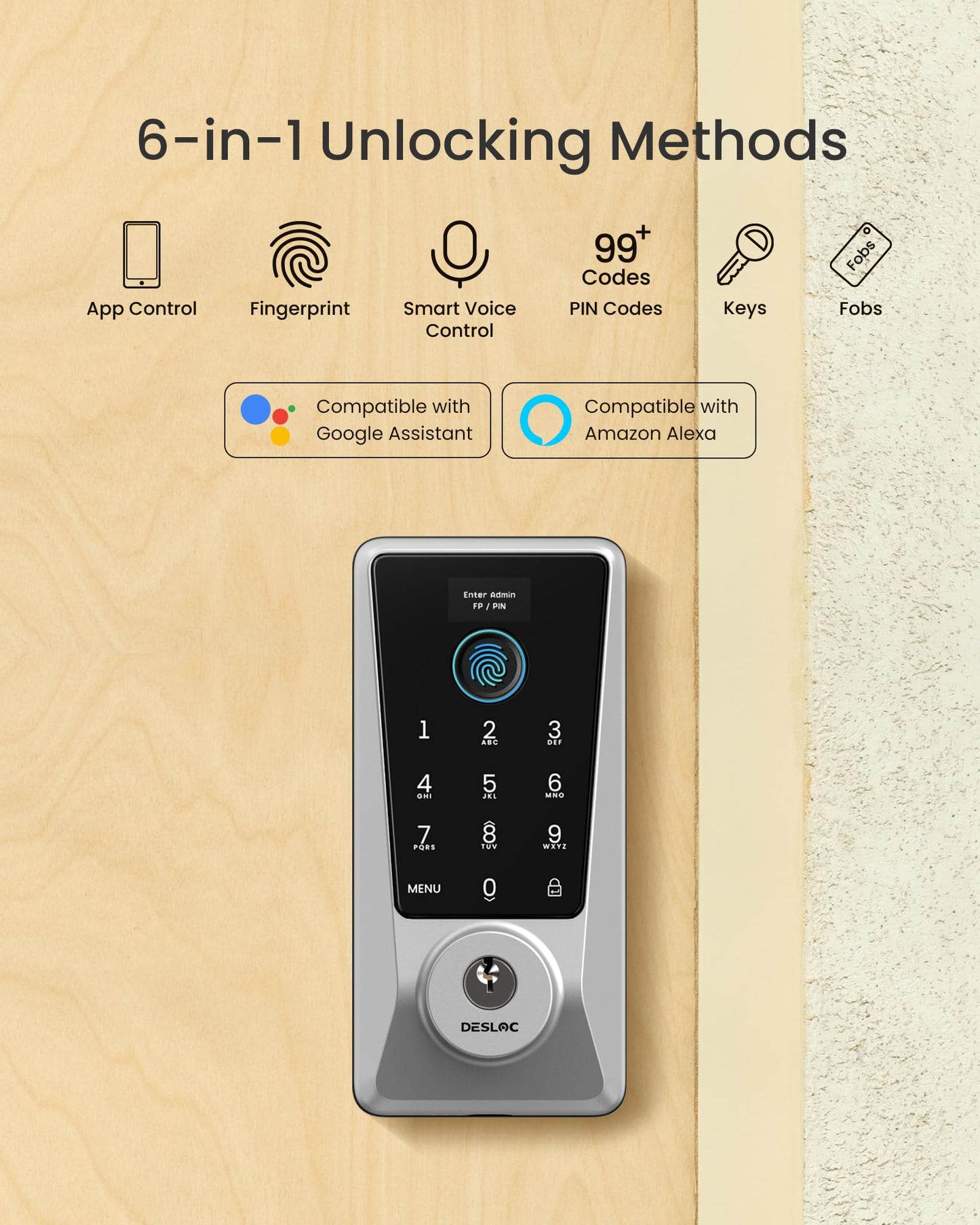 DESLOC Smart Lock D110 Plus, Fingerprint Keyless Entry Door Lock, Built-in Wi-Fi, App Remote Control, Smart Locks for Front Door, Keypad Deadbolt with LockVue Display, IP54, BHMA Grade3, Silver