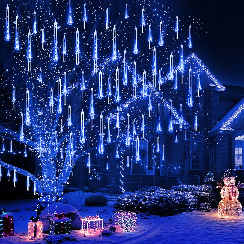Kordain Outdoor Christmas Lights, 12 Falling Rain Icicle Lights, 8 Tubes, 144 Led, Blue, Model Kordain-02, 26.9Ft, Copper