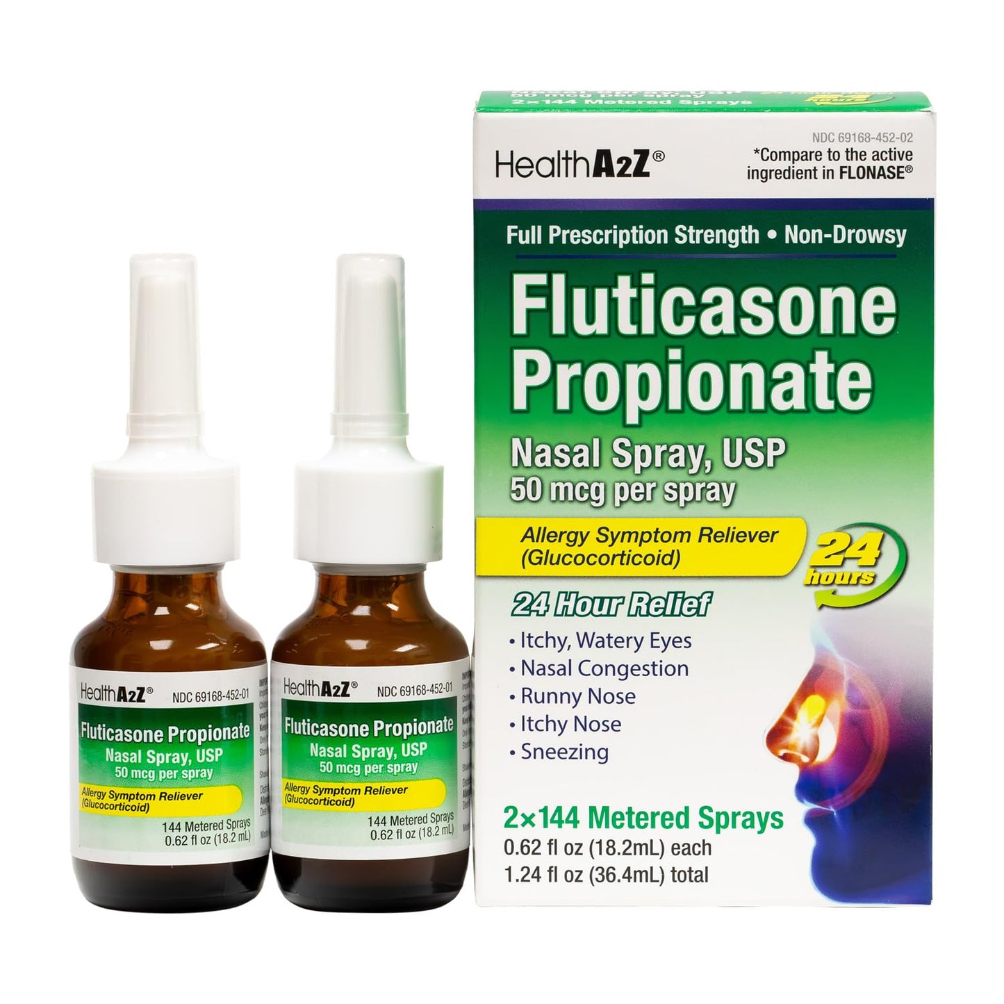 HealthA2Z® Fluticasone Propionate Nasal Spray | 50 mcg per Spray | 24 Hour Allergy Relief | 144 Sprays | 0.62 fl oz. (18.2mL) (0.62 fl oz. (Pack of 2))