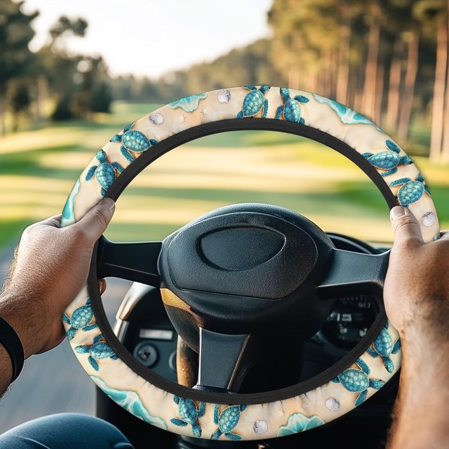 Beach Turtle Golf Cart Steering Wheel Covers Tropical 13.5 Inch Non-Slip Golf Cart Steering Wheel Covers Absorbing Sweat Universal Club Car Accessories Interior Decor