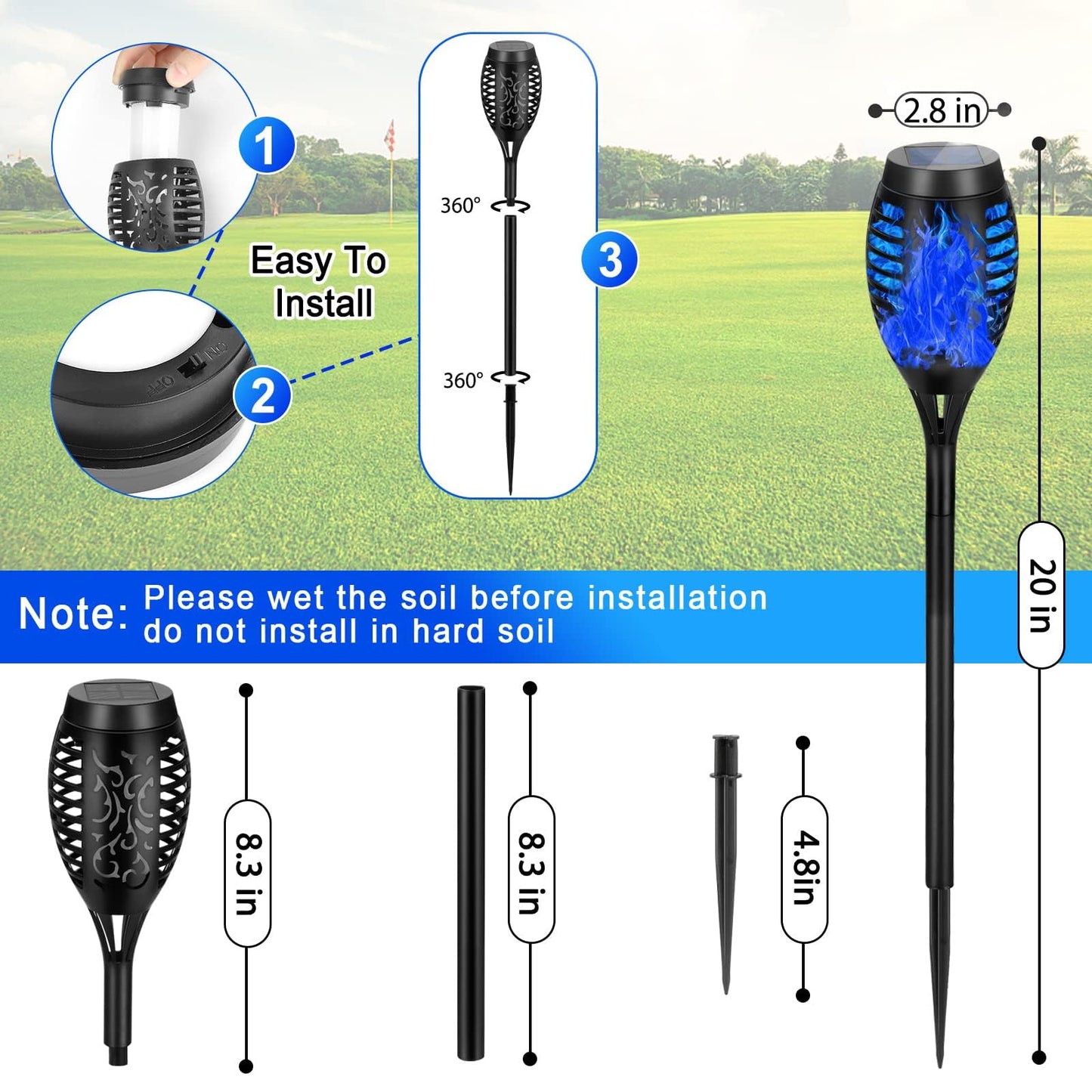 AOUNQ Solar Torch Lights, 10 Pack Blue Flickering Flame, Waterproof Outdoor Garden Decor, Model c34aaa17-3634-44fd-891a-3ebb0e47410