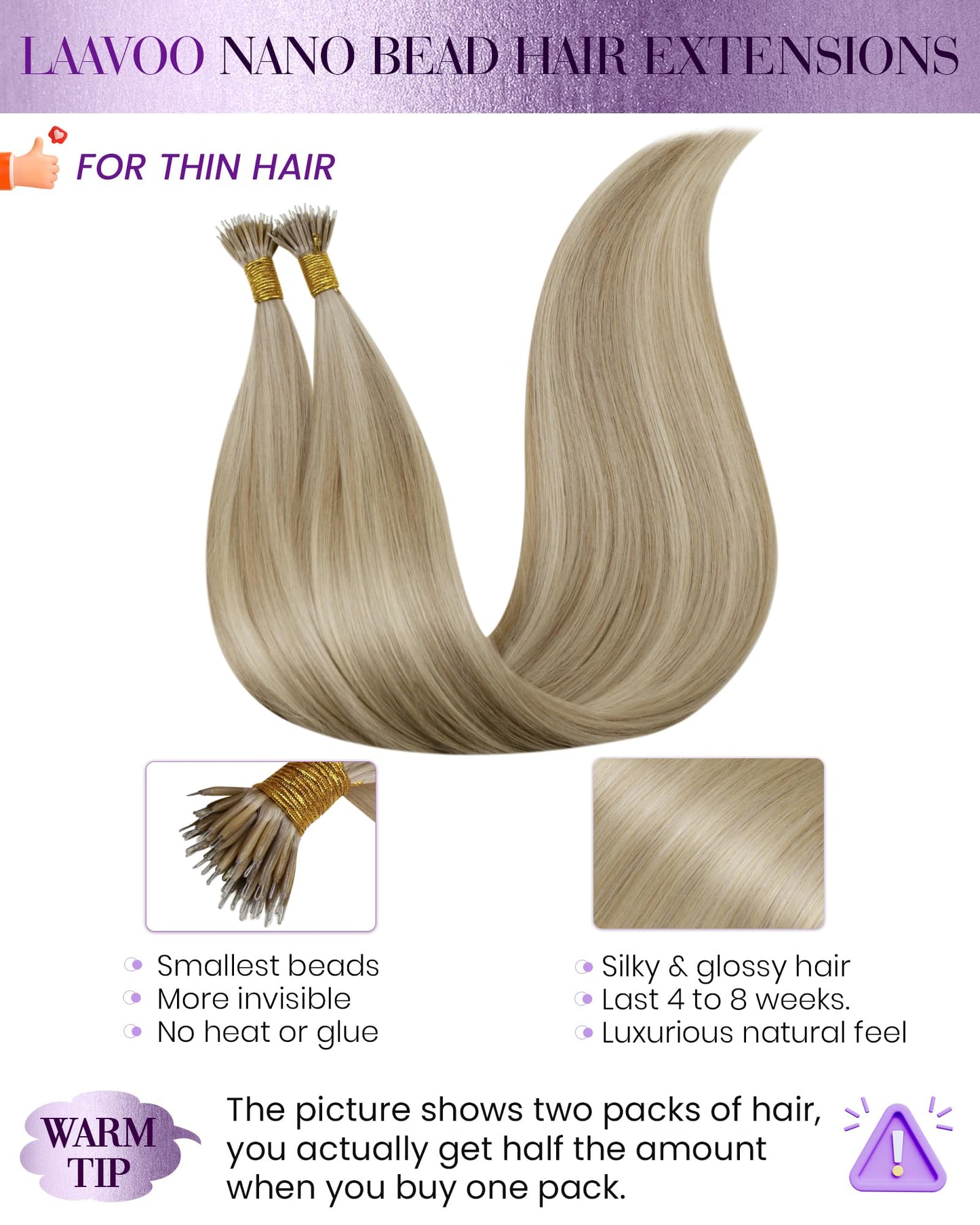 LaaVoo Nano Hair Extensions Human Hair Highlight Ash Blondeto Light Blonde Nano Beads Hair Extensions Human Hair Blonde Nano Rin