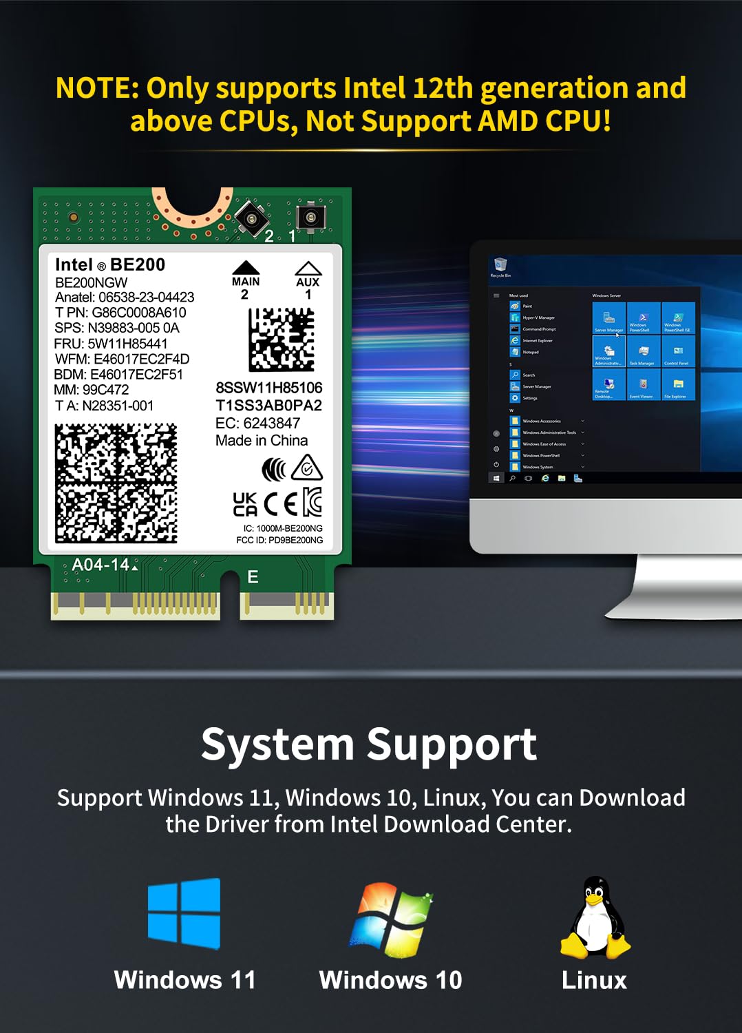 Wifi 7 Wireless Card Intel Be200 Ngw, Bluetooth 5.4, 5800Mbps M.2/Ngff Network Support Windows 10/11 (64Bit), Linux, Not Support