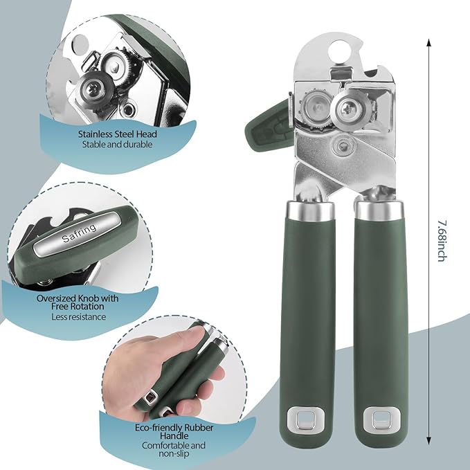 Can Opener Manual, Heavy Duty Handheld Strong Can Opener with Soft Touch Handle, Sharp Blade Smooth Edge, Can Openers with Multifunctional Bottle Opener, Hunter Green