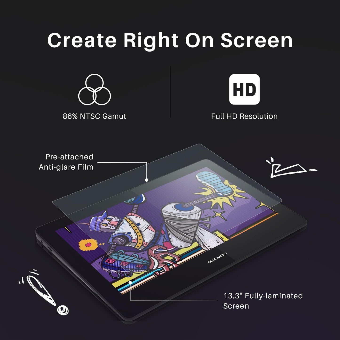 Gaomon Pd1320 Pen Display Drawing Tablet, 13.3 Inch Full Laminated 120% Srgb Graphics Monitor With Tilt Support For Artists, Des