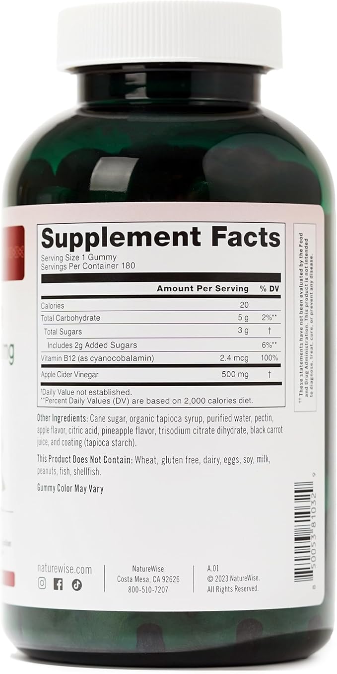 NatureWise Apple Cider Vinegar Gummies - 1000mg ACV per 2 + Vitamin B12 - Pectin Based Vegan, Gluten-Free, Non-GMO - 180 Count[90-Day Supply for 1000mg or 6-Month Supply for 500mg]