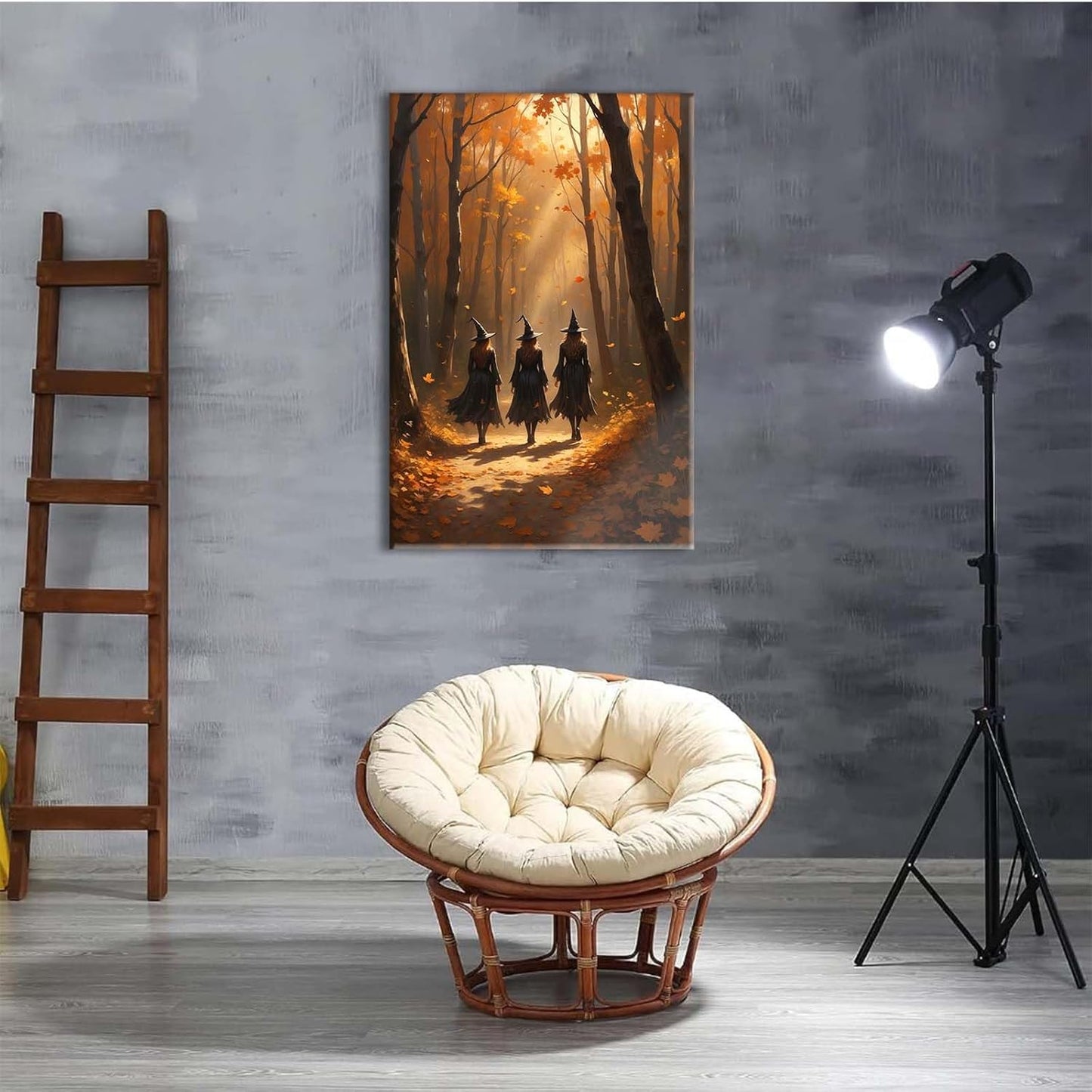 Three witches walking in the forest in autumn canvas painting gothic poster halloween print country witch wall art for home decoration28x40in Wood Framed