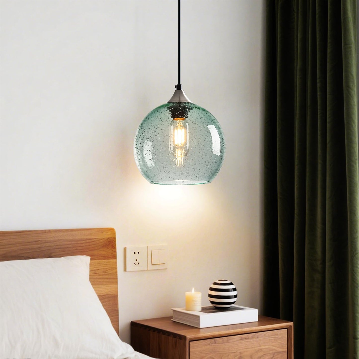 Lbsqj Light Green Glass Pendant Lights Kitchen Island Lighting Globe Pendant Light Fixtures Modern Pendant Lighting For Bedroom Living Dining Room Light Fixture (7.87 In  2 Pack)