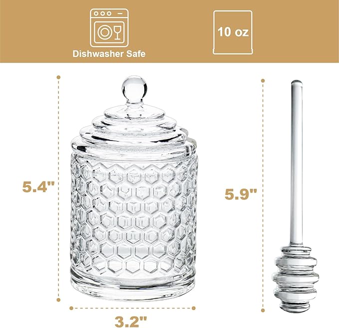 Glass Honey Jar with Lid and Dipper, Honeycomb-Inspired Design Container, Heavy Honey Pot for Home Kitchen (10 oz)