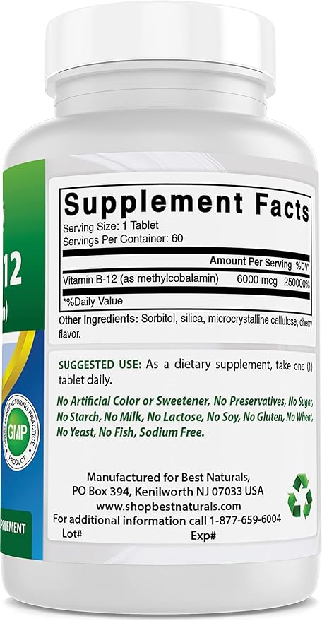 Best Naturals Vitamin B-12 as Methylcobalamin (Methyl B12), 6000 mcg 60 Sublingual Tablets (60 Count (Pack of 3))