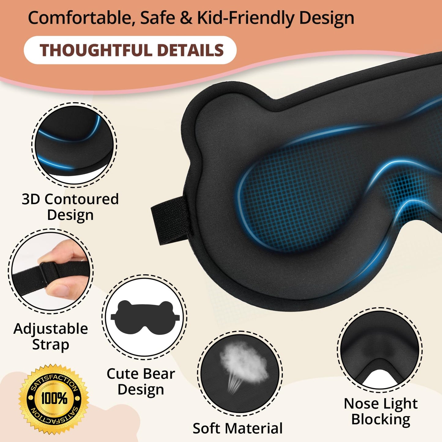 Kids Sleep Mask, 3D Sleeping Eye Mask for Kids with Adjustable Elastic Strap, Bear Shape Eye Cover with Memory Foam, Soft & Light-Blocking, Gift for Boys Girls Teens Age 5–15 (Black)