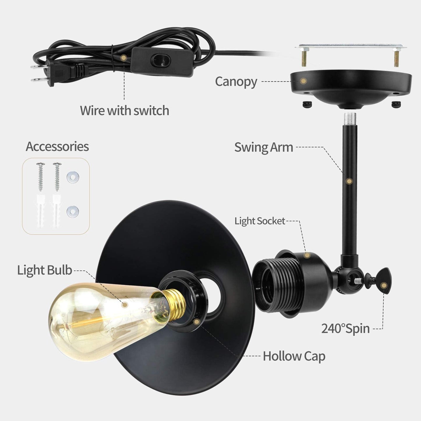 AEOREAL Plug in Wall Sconce, Antique Swing Arm Light Fixture, E26 Base, 2 Pack, Black