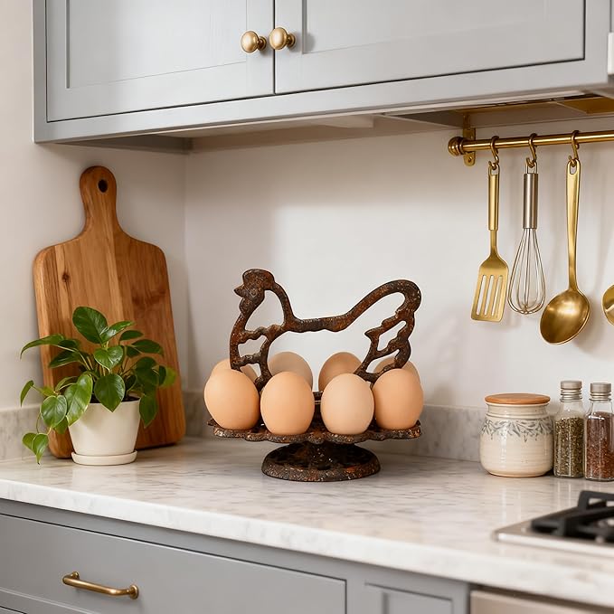 Vintage Cast Iron Chicken Egg Holder, Rustic Farmhouse Kitchen Decor Egg Tray, Heavy Duty Retro Decorative Table Display Stand for 8 Eggs (Antiqued Rusty)