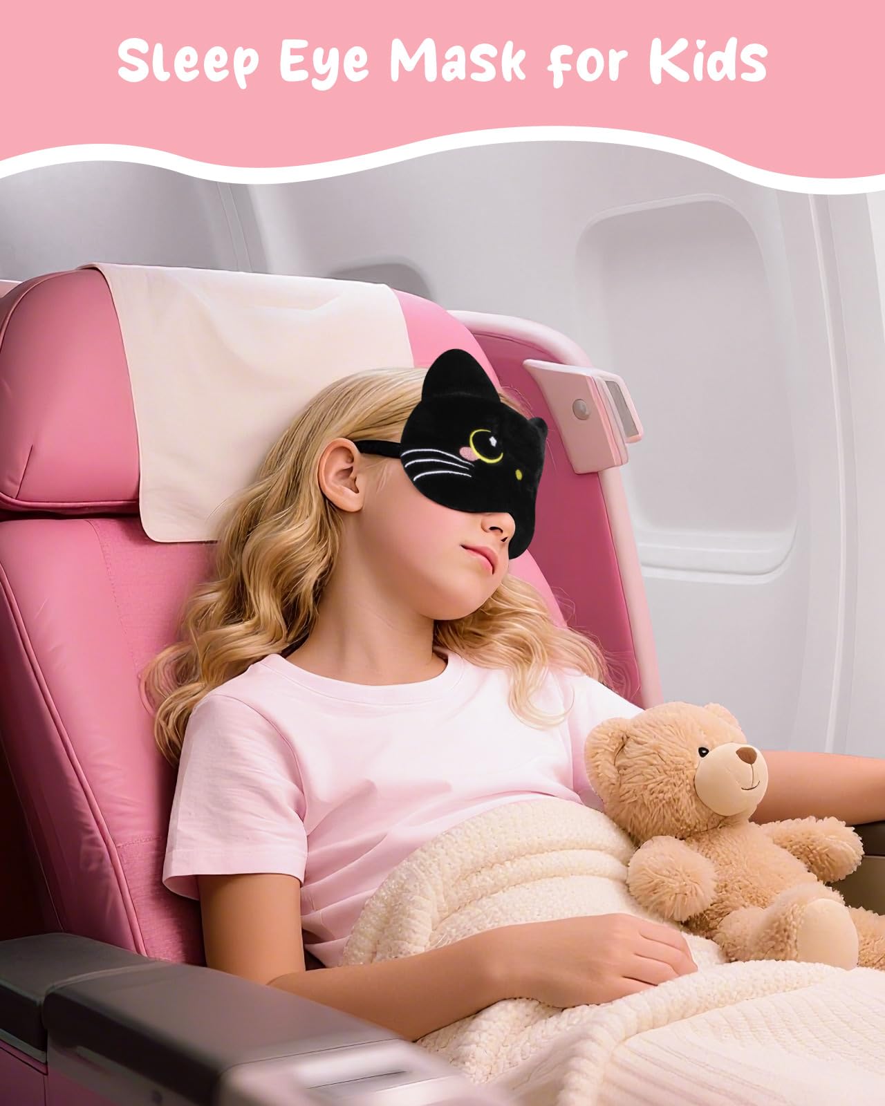 Miss Adola Sleep Mask for Kids - Cute Cartoon Plush Fuffy Sleeping Eye Cover Black Cat Kawaii Soft Eyeshade with Adjustable Strap Animal Eye Blindfold for Kids Girls Boys Teens
