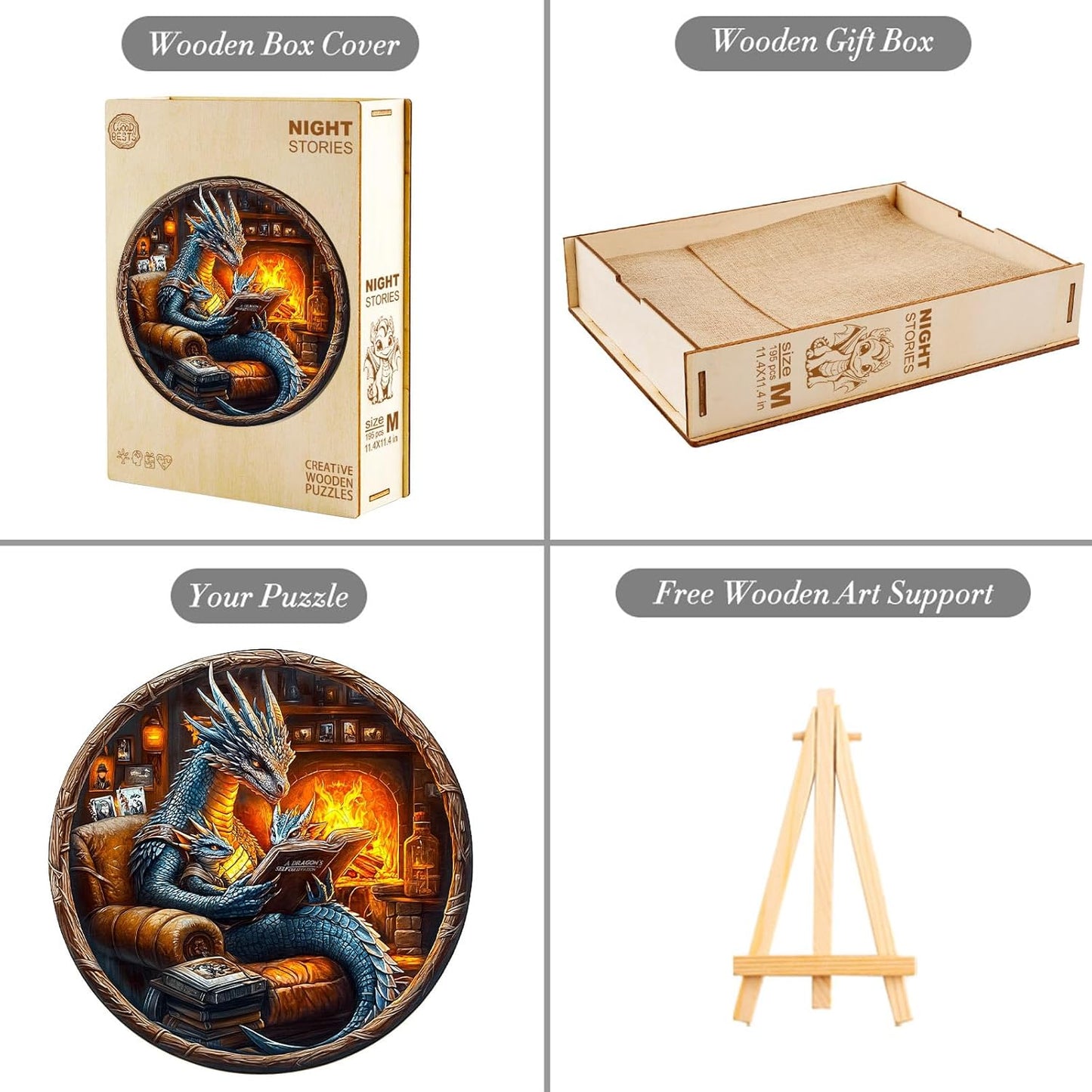 KAAYEE Wooden Puzzles for Adults, 3D Visual Effect Dragon Family Night Reading Wooden Jigsaw Puzzle Unique Shape Wood Puzzle Adult, 3D Effect Flat Puzzle Birthday Family Games (S-8.5 * 8.5 in-95pcs)