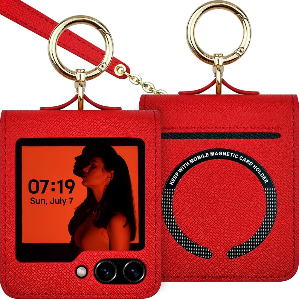 Qoosan Galaxy Z Flip 5 Case With Ring Strap Card Holder [Compatible With Magsafe] Protective Leather Wallet Cover Phone Case For