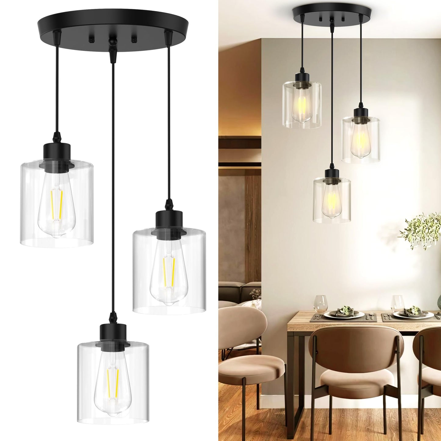 Phaosio 3-Light Pendant Lighting For Kitchen Island  Dining Room  Hallway  Foyer  Entryway  Matte Black Ceiling Light Fixture With Clear Glass And Upgraded 4.7 Shades