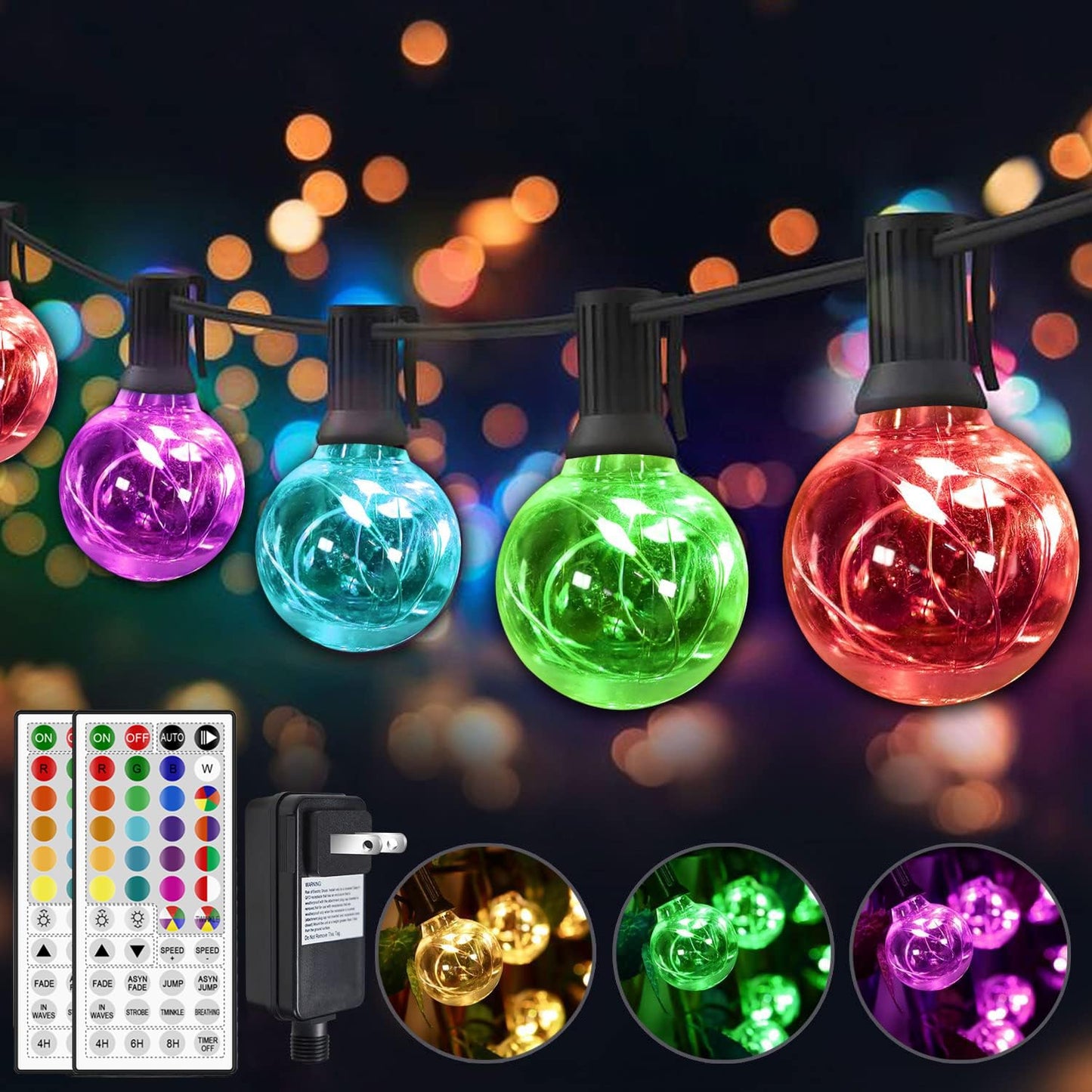 Omika 50Ft Waterproof Outdoor String Lights, 50+2 Dimmable G40 Bulbs, 18 Colors Changing, Connectable For Patio & Backyard Parties