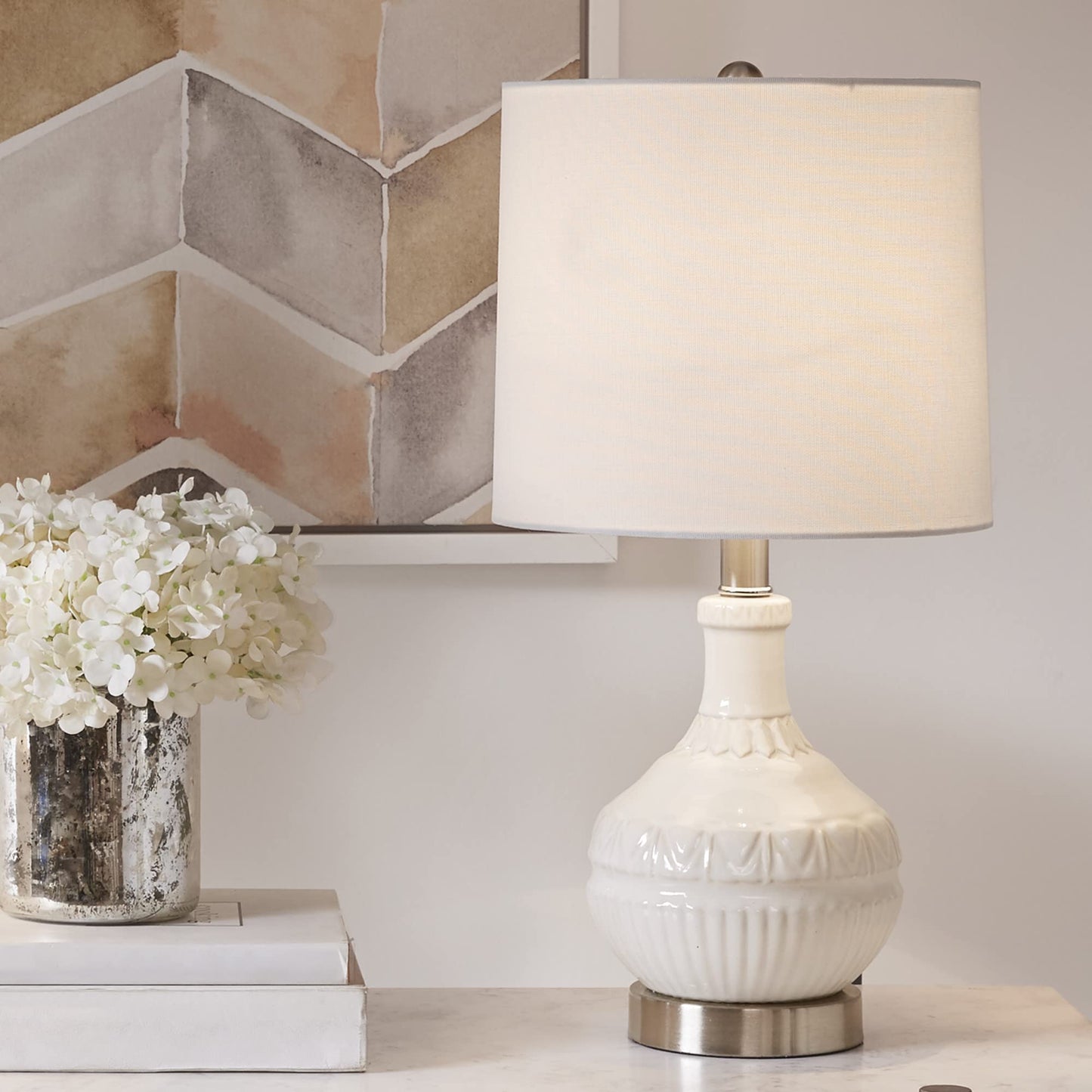 510 DESIGN Gypsy Ceramic Table Lamp, 10inW x 10inL x 20.5inH, White, Fabric Shade, Rotary Switch, Model 5DS153-0030