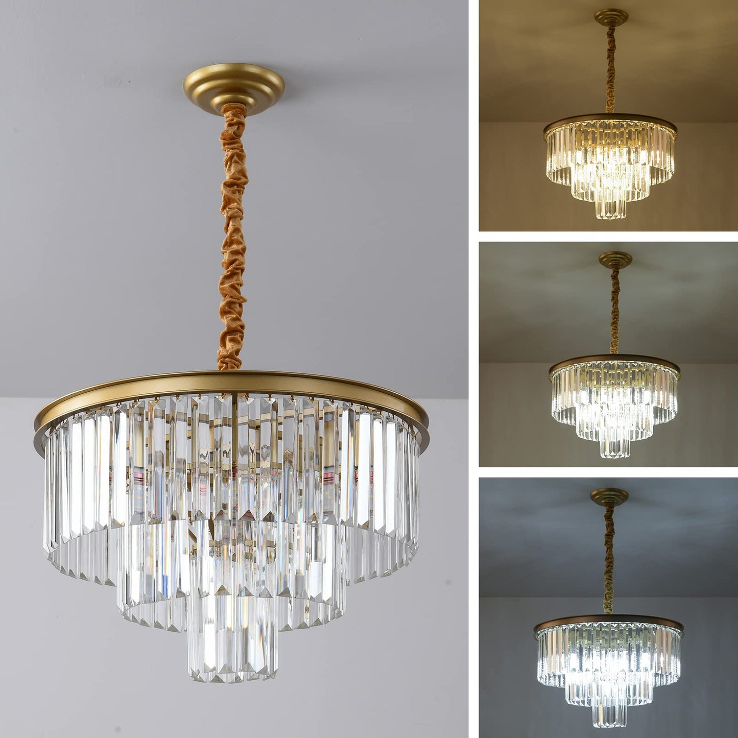 Laiuetai Gold Modern Crystal Chandelier  3-Tier Round Flush Mount Ceiling Light Fixtures Height Adjustable Pendant Lighting For Dining Room Living Room Bedroom Kitchen Hotel Foyer