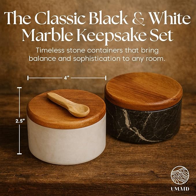 UMAID Marble Salt and Pepper Bowls | Set of 2 Solid Bianco White & Graphite Grey Marble Cellars with Lids and Spoons | Handcrafted Salt & Pepper Containers for Kitchen Countertop