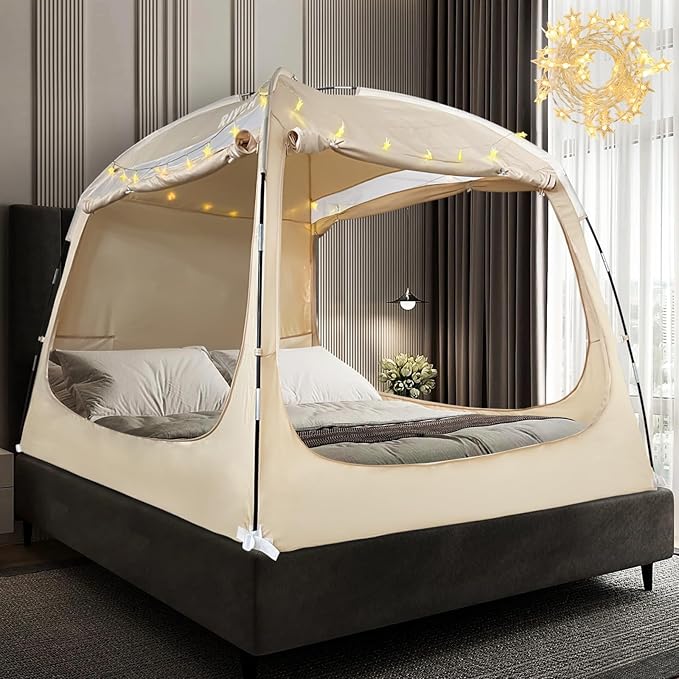 Bed Tent Bed Canopy Queen Size for Adult and Kids - Portable Sleeping Tents Indoor Dream Tents 70% Blackout with String Light 3 Doors Breathable Privacy Space Tents