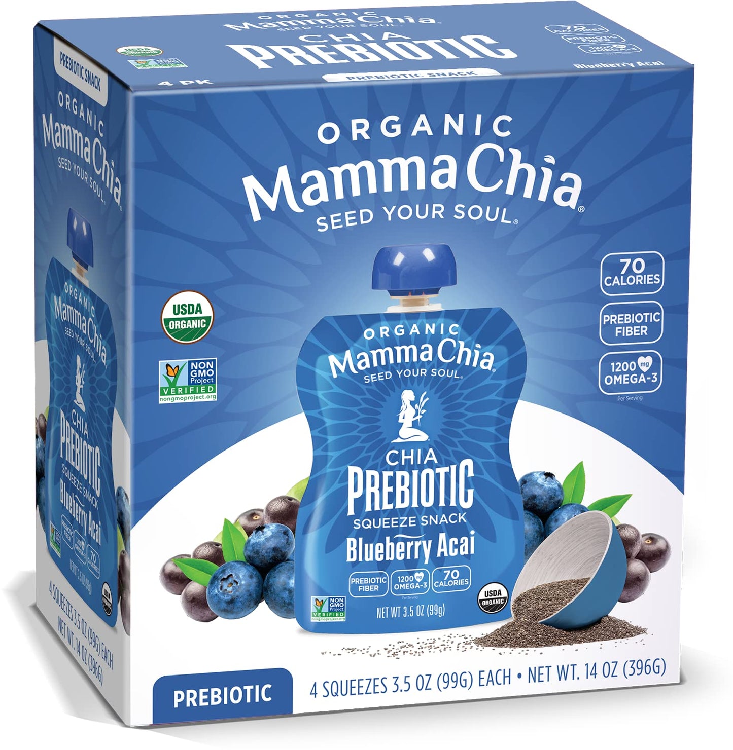 Mamma Chia Organic Prebiotic Squeeze Snack, Blueberry Acai, Fiber-Rich Prebiotic Gut Support, USDA Certified Organic, Non-GMO, V