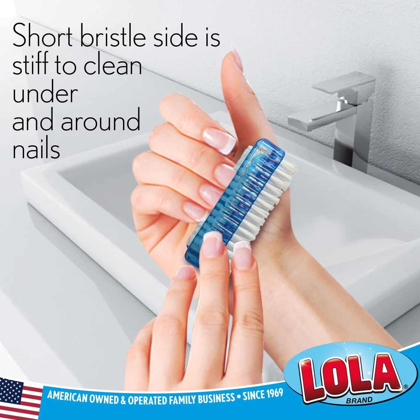 LOLA Classic Hand & Nail Brush, 2 Sided - 3 Pack, Soft & Stiff, Comfortable No-Slip Grip, Cleans Hands & Fingernails, Assorted C