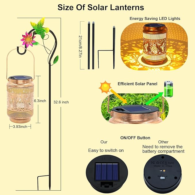 Hummingbird Solar Lanterns Outdoor Waterproof with Shepherd Hook, Birthday Gifts for Women Mom Grandma, Metal Solar Hanging Lights Garden Decor for Outside Yard Patio Pathway Porch