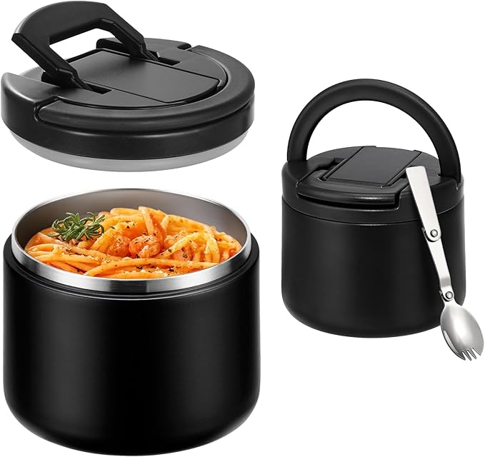 Soup Thermo for Hot Food Kids 14oz Lunch Containers with Buckle Lid Wide Mouth Hot Food Jar Vacuum Insulated Stainless Steel Bento Box Leakproof with Spoon(Black)