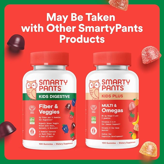 SmartyPants Kids Fiber & Veggies: Prebiotic Fiber Gummies for Kids, Fiber Supplement with Inulin, Organic Green Veggie Blend, Vegan, Gluten Free, Mixed Berry Flavor, 60 Count (30 Day Supply)