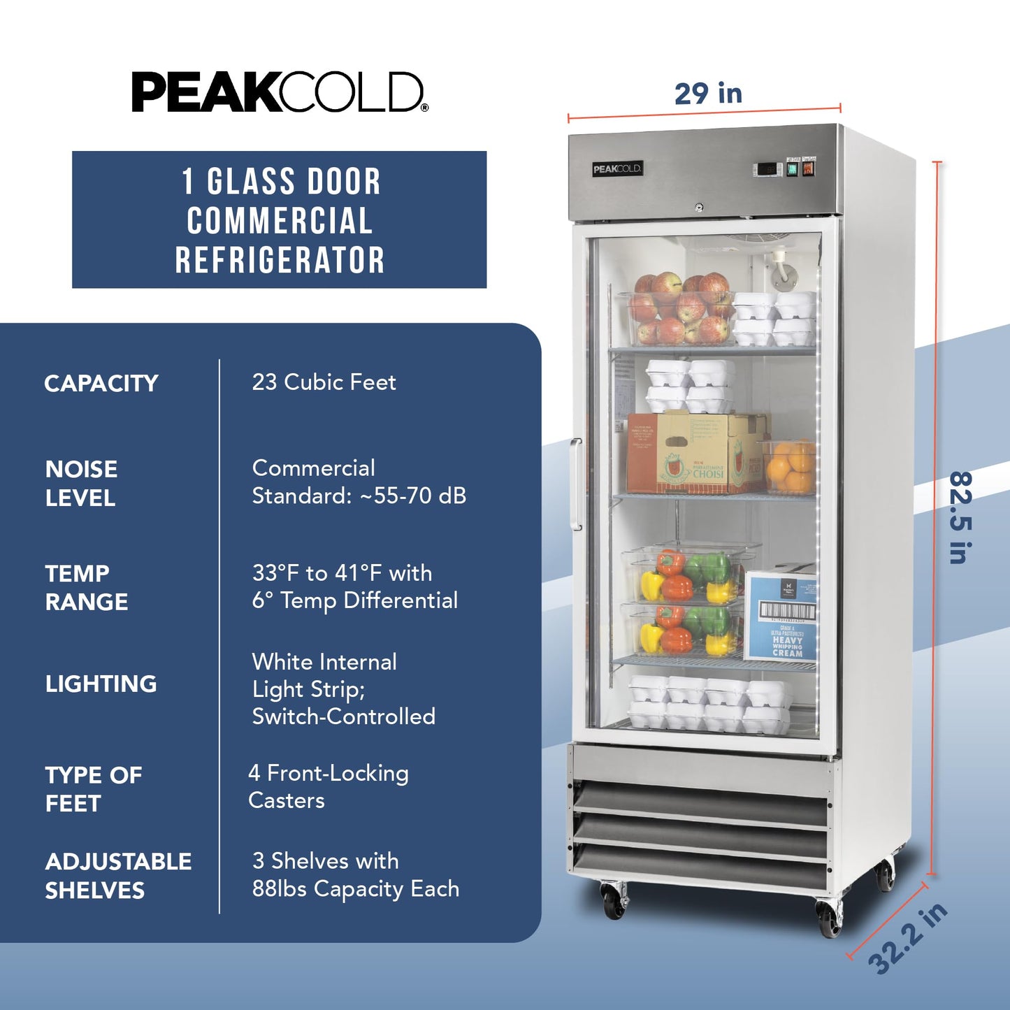PEAKCOLD Single Glass Door Commercial Refrigerator - 23 Cubic Ft, 29" Wide Stainless Steel Reach-In Commercial Refrigerator with White Internal Lighting - Freestanding Industrial Fridge