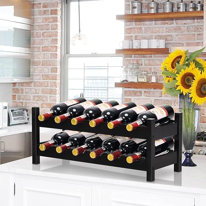 COSTWAY Wine Rack Countertop, 12 Bottles Bamboo Wine Holder, 2-Tier Freestanding Wine Storage Cabinet Shelf for Home, Kitchen, Bar, Pantry, Wine Cellar, Easy-Assembly, Brown (24.5L x 9.5W x 10H)