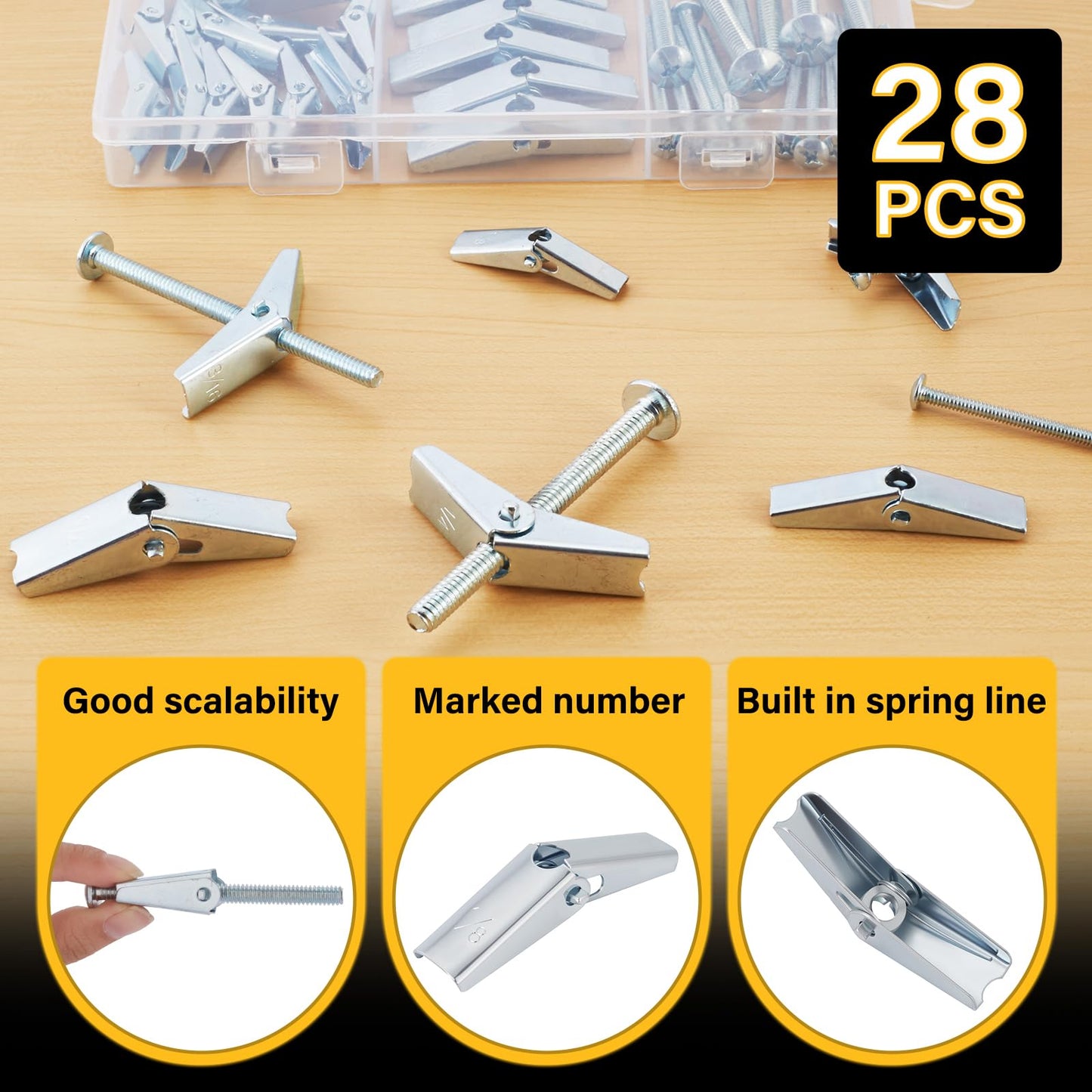 28PCS Toggle Bolts, Wing Nuts, Heavy Duty Hollow Wall Anchors for Drywall Ceiling, 3 Sizes Butterfly Anchors (1/4" 3/16" 1/8") for Hang Shelves, Heavy Fixtures, Metal Drywall Anchor and Screws Kit