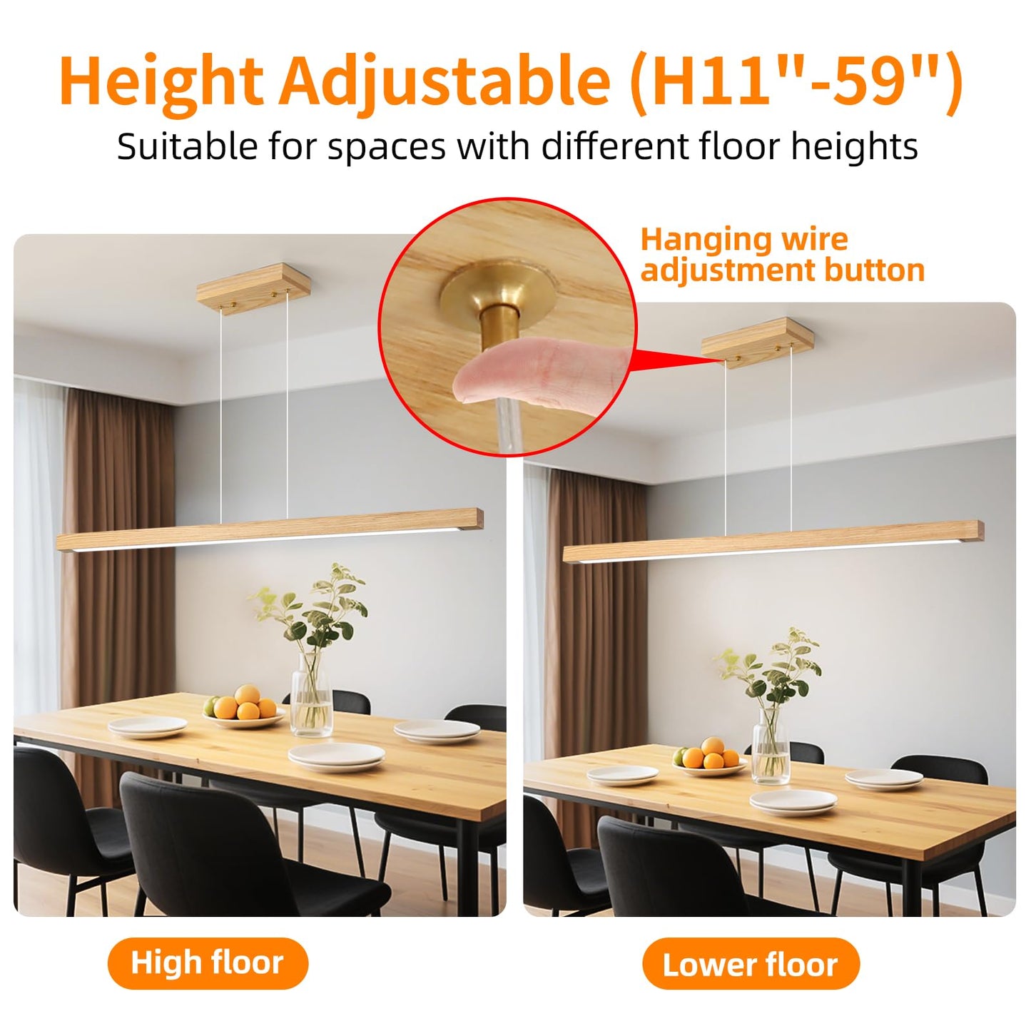 Mikeru Modern Wooden Pendant Light, 39IN, White Ash Wood, Remote Control, Adjustable Color Temp 3000K-6500K, Model BLM