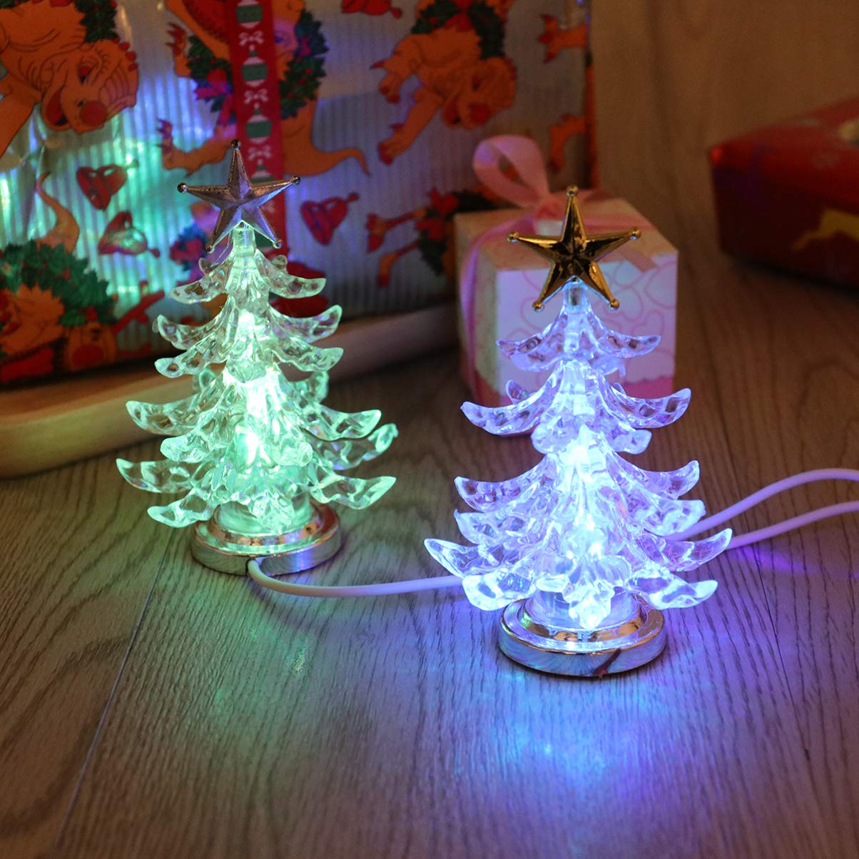 Mobestech 2Pcs Christmas Tree Night Light Usb Acrylic Light Up Christmas Tree Star Tree Top Tabletop Lights For Christmas Decor Ornaments