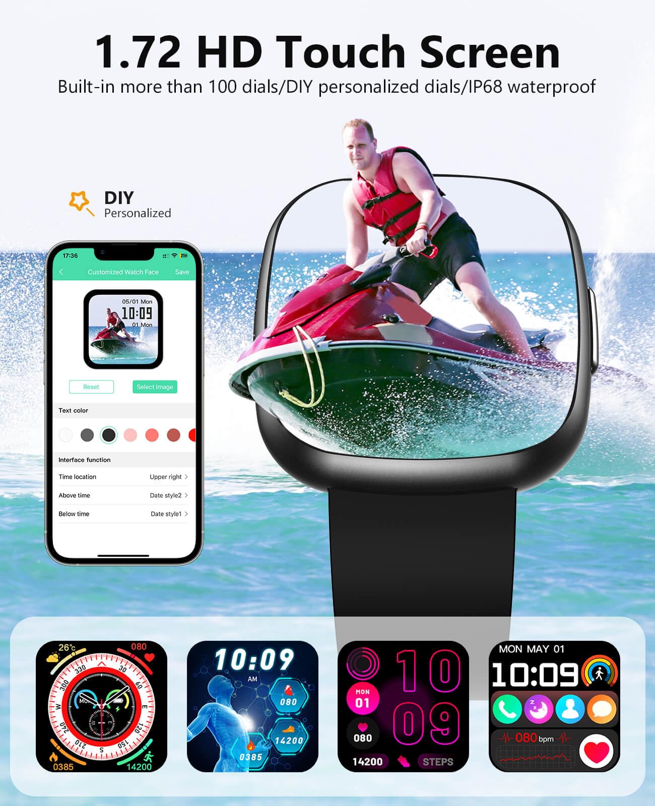Smart Watch for Men Women, 1.72" Super Retina HD Display with Sleep Stress, 24/7 Heart Rate HRV Spo2 Monitor, Fitness Tracker with 135 Sport Modes, Waterproof Square Watch, Compatible Android and iOS