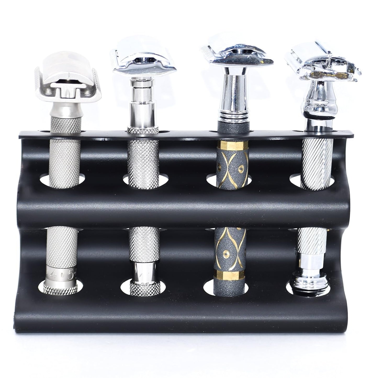 Parker Double Edge Razor Stand - Solid Brass with Black Finish -Holds 4 Razors - Parker Stand with Padded Base - Excellent Stora